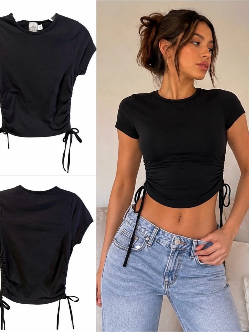 Polly Black Ruched Side Tie Crop Top Size 2